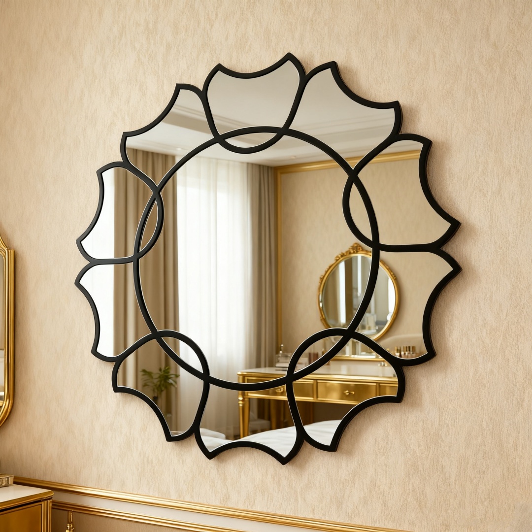 Bohemian Flower-Shaped Wall Mirror, 80cm Round Decorative Mirror with Geometric Frame, Gold/Black Finish, for Living Room/Bedroom/Vanity