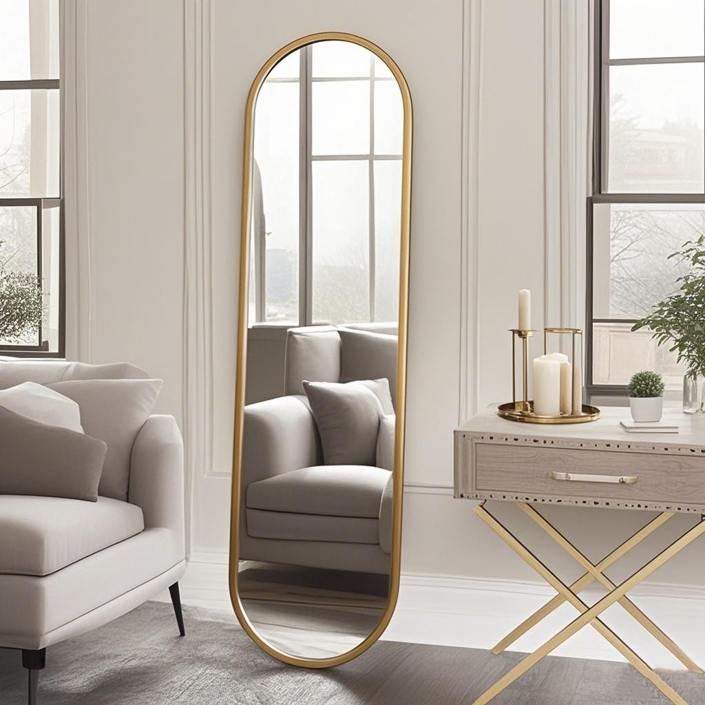 Oval Floor Mirror With a golden frame.