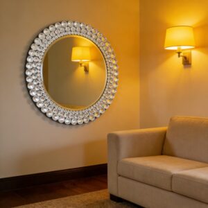 Glam Round Crystal Wall Mirror - 80cm Decorative Accent Mirror for Living Room, Bedroom, and Entryway