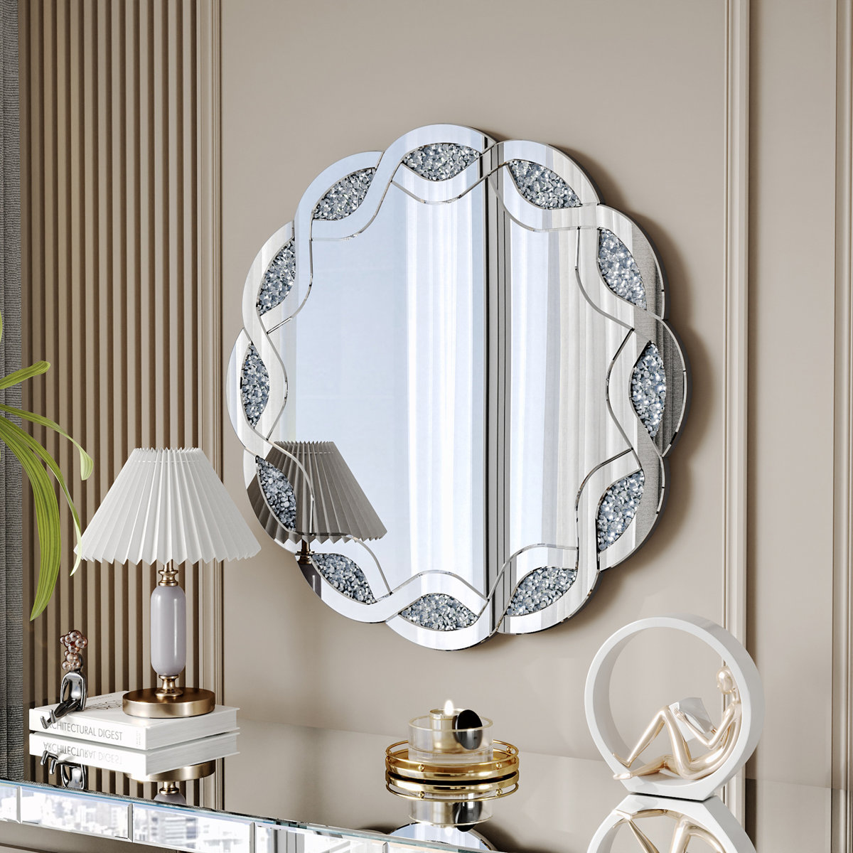 80cm Crystal Accent Round Glass Wall Mirror