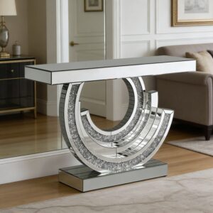 Modern Mirrored Console Table with Crushed Diamond Accents - Glam Entryway Table for Living Room, Hallway, and Foyer