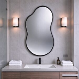 Black irregular wall mirror with slim aluminum frame, organic irregular pebble-shaped wall mirror