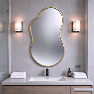 Gold irregular wall mirror with slim aluminum frame, organic irregular pebble-shaped wall mirror