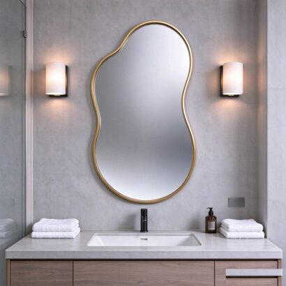 Gold irregular wall mirror with slim aluminum frame, organic irregular pebble-shaped wall mirror