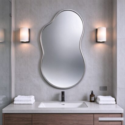 Silver irregular wall mirror with slim aluminum frame, organic irregular pebble-shaped wall mirror