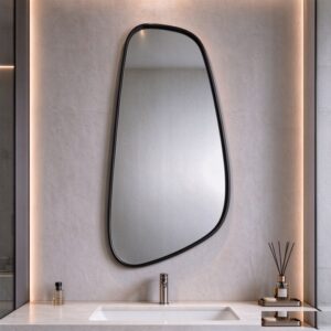 Black asymmetrical mirror with slim aluminum frame, tall asymmetrical leaf-shaped wall mirror