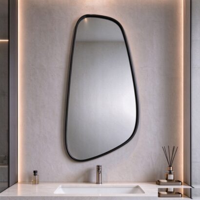 Black asymmetrical mirror with slim aluminum frame, tall asymmetrical leaf-shaped wall mirror