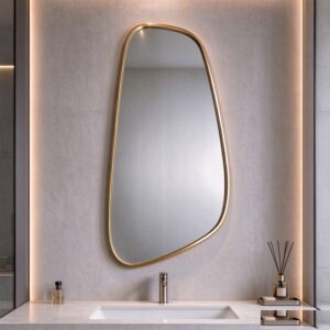 Gold asymmetrical mirror with slim aluminum frame, tall asymmetrical leaf-shaped wall mirror