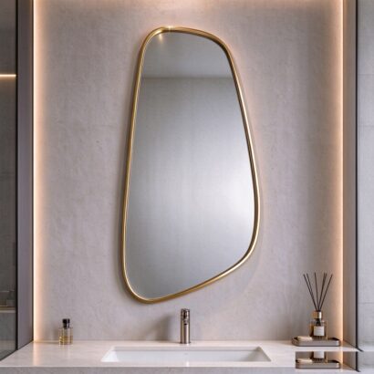 Gold asymmetrical mirror with slim aluminum frame, tall asymmetrical leaf-shaped wall mirror
