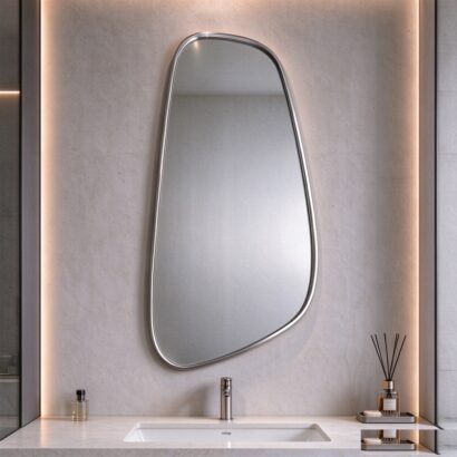 Silver asymmetrical mirror with slim aluminum frame, tall asymmetrical leaf-shaped wall mirror