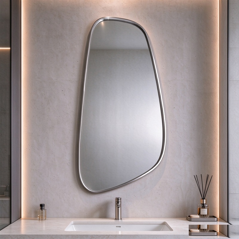 Silver asymmetrical mirror with slim aluminum frame, tall asymmetrical leaf-shaped wall mirror