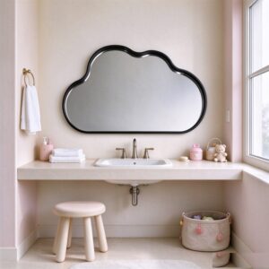 Black cloud mirror with slim aluminum frame, playful cloud-shaped wall mirror