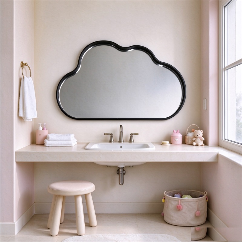 al022-cloud-black Black cloud mirror with slim aluminum frame, playful cloud-shaped wall mirror