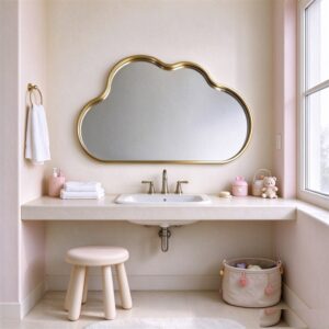 Gold cloud mirror with slim aluminum frame, playful cloud-shaped wall mirror