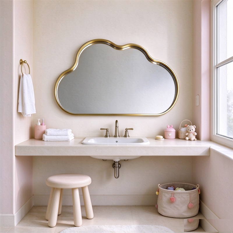 Gold cloud mirror with slim aluminum frame, playful cloud-shaped wall mirror