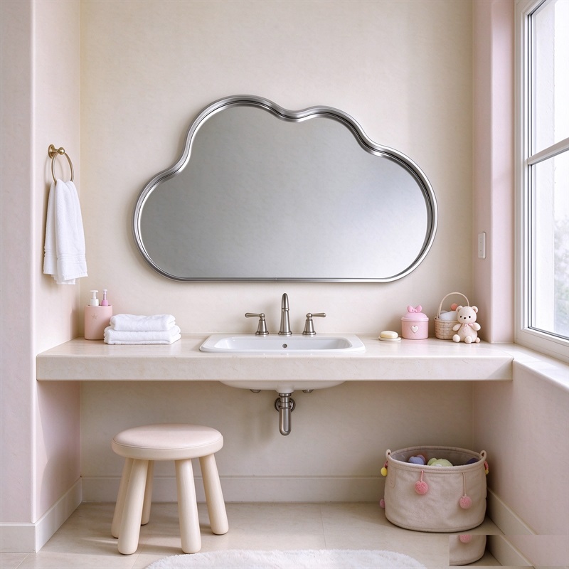 Silver cloud mirror with slim aluminum frame, playful cloud-shaped wall mirror