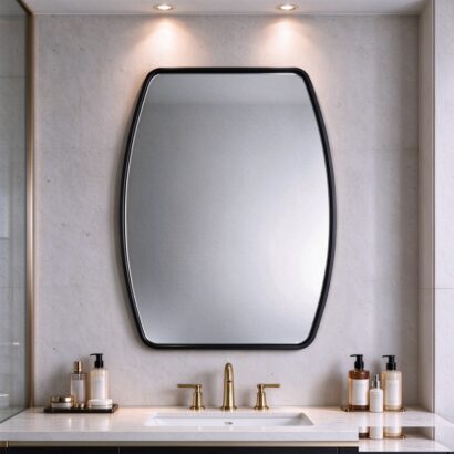 Black shield mirror with slim aluminum frame, shield-shaped wall mirror