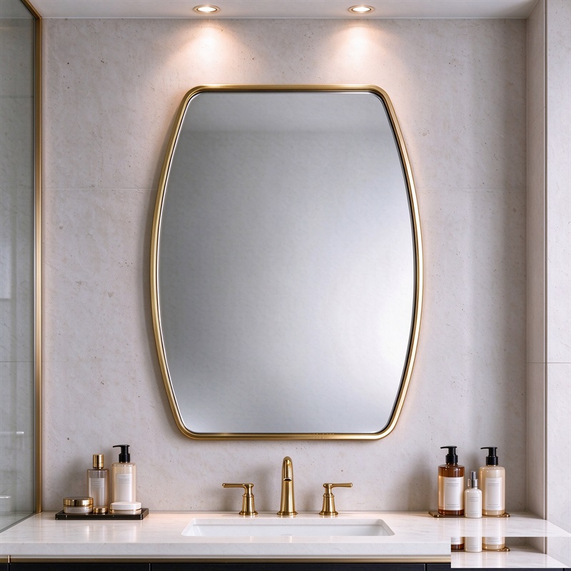 Gold shield mirror with slim aluminum frame, shield-shaped wall mirror