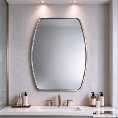 Silver shield mirror with slim aluminum frame, shield-shaped wall mirror