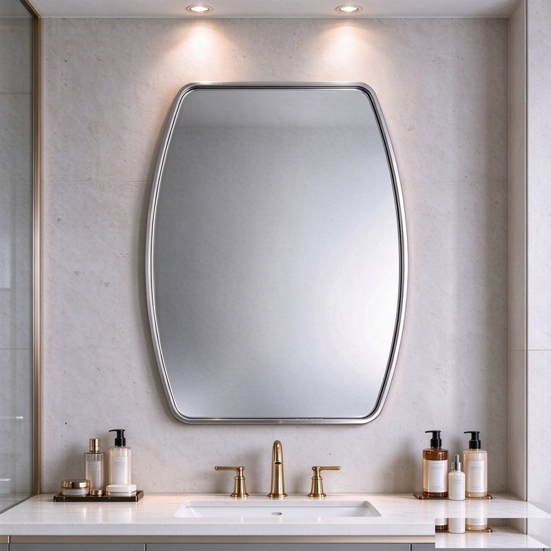 Silver shield mirror with slim aluminum frame, shield-shaped wall mirror