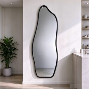 Black wavy full length mirror with slim aluminum frame, tall wavy full-length wall mirror
