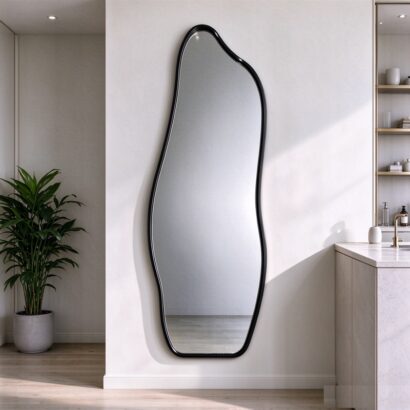Black wavy full length mirror with slim aluminum frame, tall wavy full-length wall mirror