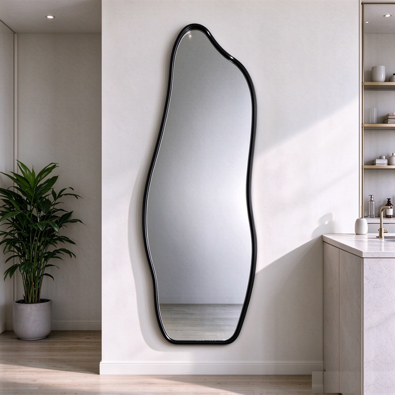 al024-wavytall-black Black wavy full length mirror with slim aluminum frame, tall wavy full-length wall mirror