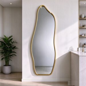 Gold wavy full length mirror with slim aluminum frame, tall wavy full-length wall mirror