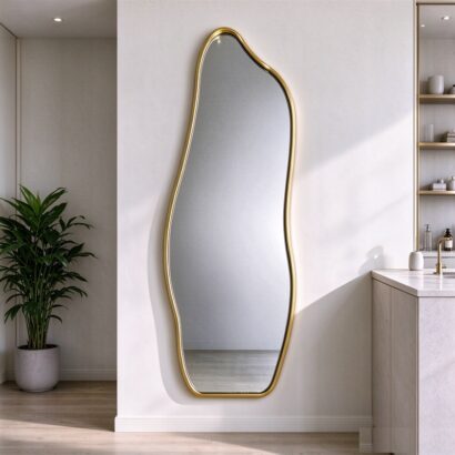 Gold wavy full length mirror with slim aluminum frame, tall wavy full-length wall mirror