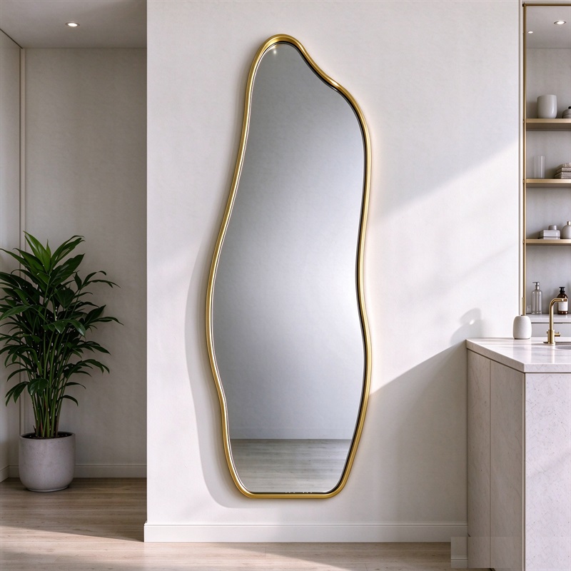 Gold wavy full length mirror with slim aluminum frame, tall wavy full-length wall mirror