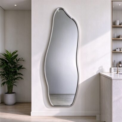Silver wavy full length mirror with slim aluminum frame, tall wavy full-length wall mirror