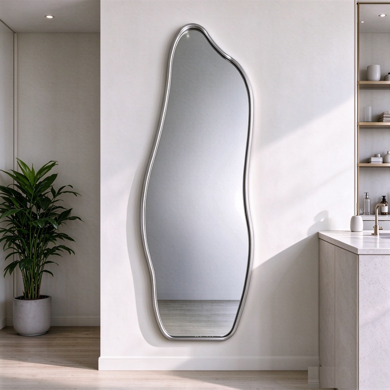 Silver wavy full length mirror with slim aluminum frame, tall wavy full-length wall mirror