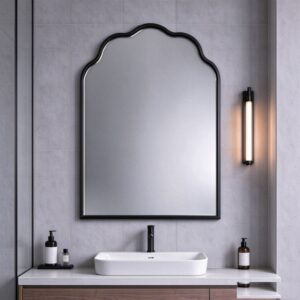 Black arched wall mirror with slim aluminum frame, arched-top wall mirror