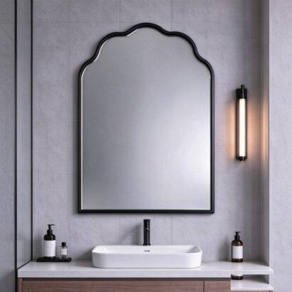 Black arched wall mirror with slim aluminum frame, arched-top wall mirror
